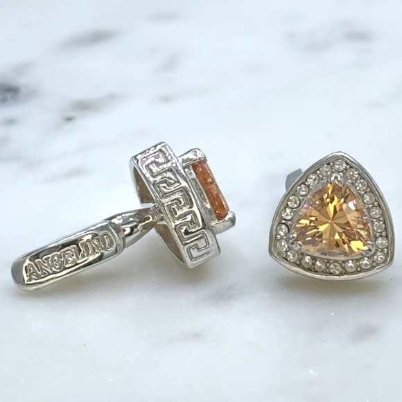 Angelino Silver Tone Orange Rhinestone Meander Border Greek Motif Cufflinks - Picture 7 of 11